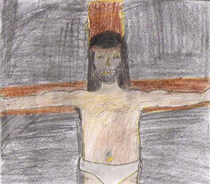 Christ on the Cross, freehand with colored pencils by Irene, age 12