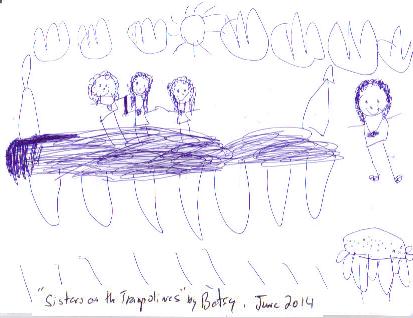 Pen and Ink drawing by Betsy, age 5, of herself jumping on the rebounder wearing a necklace her siblings made, while her three sisters jump on the big trampoline in the backyard.