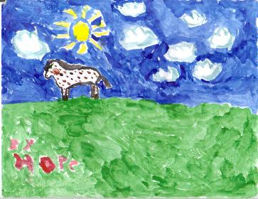 Watercolor painting of horse in pasture by Hope, 2013