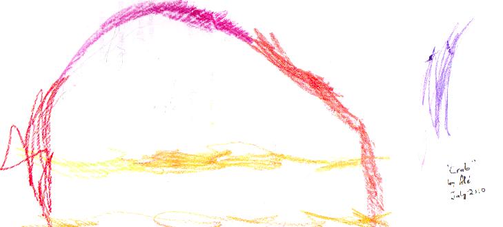 3 yr old Ale, who had never seen a crab, was fascinated by the accounts of her brothers catching crabs in Florida and drew this crab.